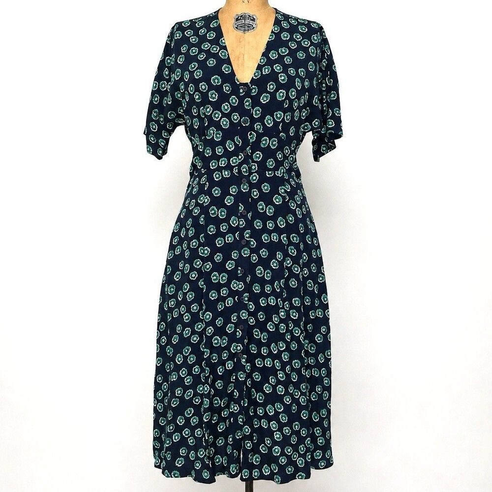 Whistles Lenno Print Naya Button Midi Dress US 6 Green Floral Cupro Viscose